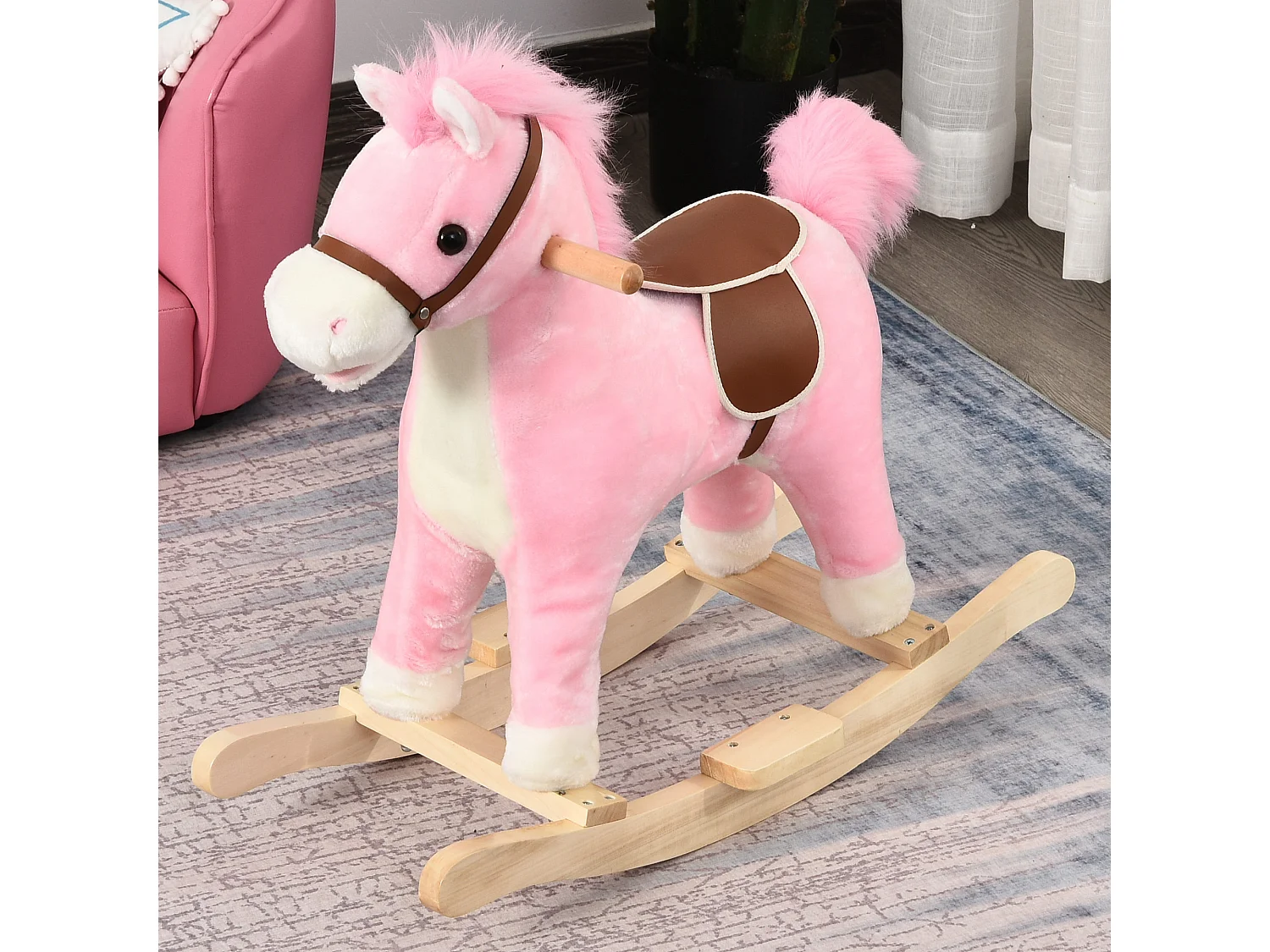 Cheval à bascule selle grand confort peluche courte douce bois peuplier rose dim. 65L x 32,5l x 61H cm