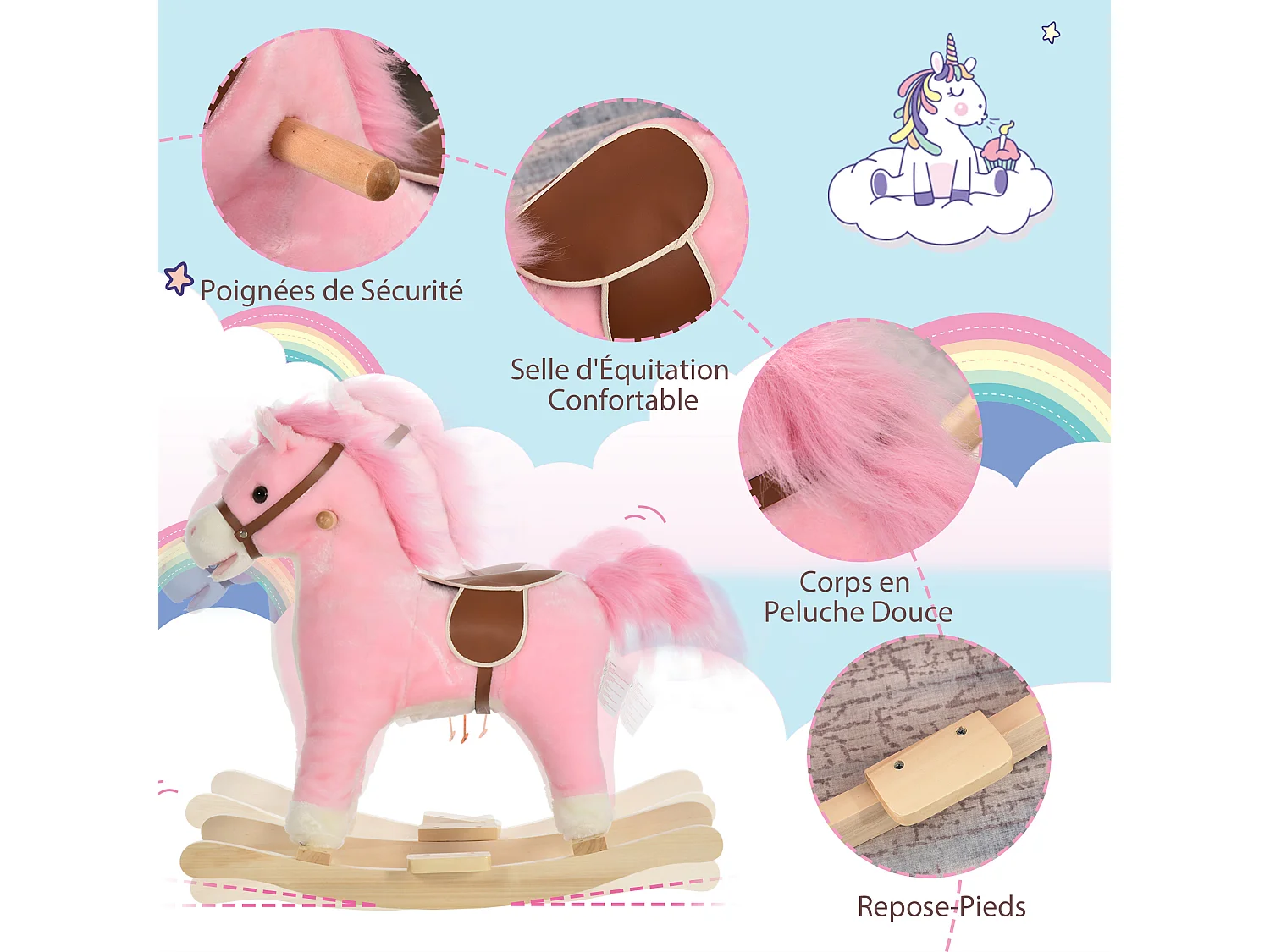 Cheval à bascule selle grand confort peluche courte douce bois peuplier rose dim. 65L x 32,5l x 61H cm