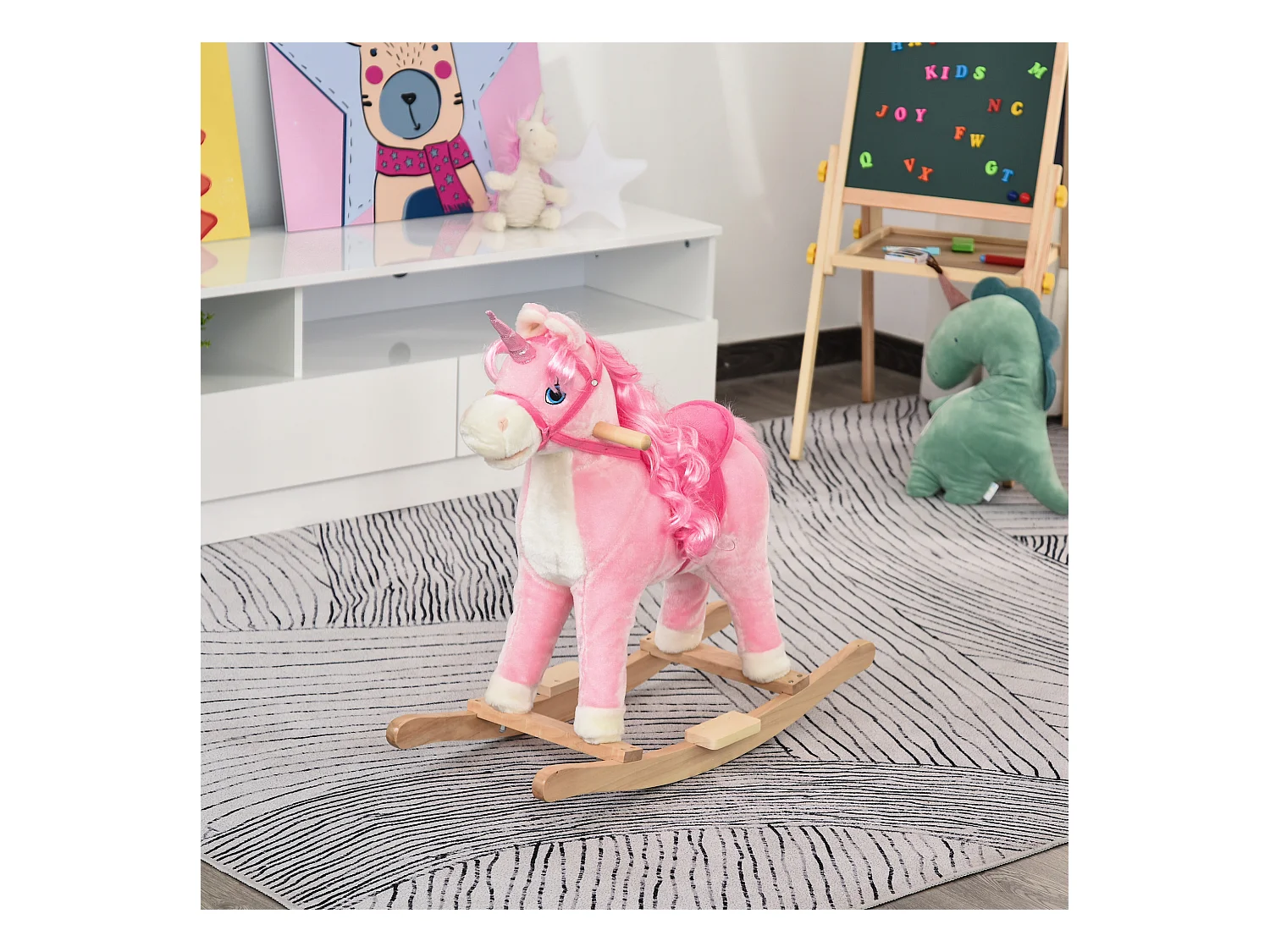 Cheval à bascule modèle licorne avec sons authentiques selle grand confort bois de peuplier rose dim. L74 x l33 x 62H cm