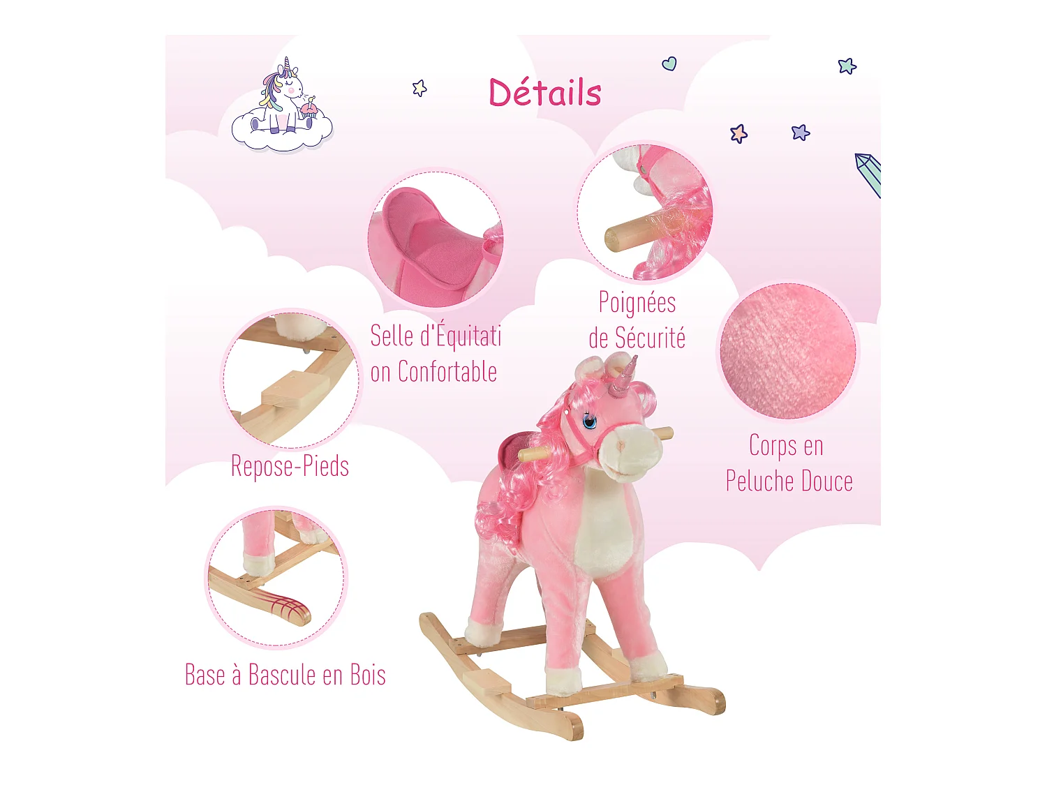 Cheval à bascule modèle licorne avec sons authentiques selle grand confort bois de peuplier rose dim. L74 x l33 x 62H cm