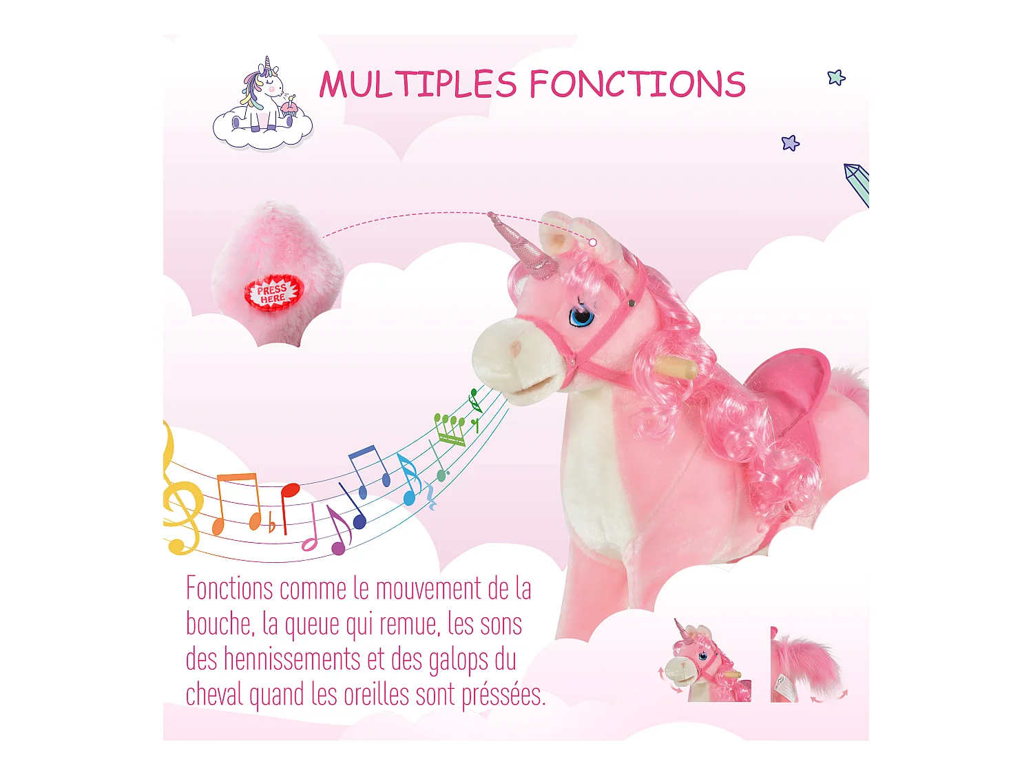 Cheval à bascule modèle licorne avec sons authentiques selle grand confort bois de peuplier rose dim. L74 x l33 x 62H cm