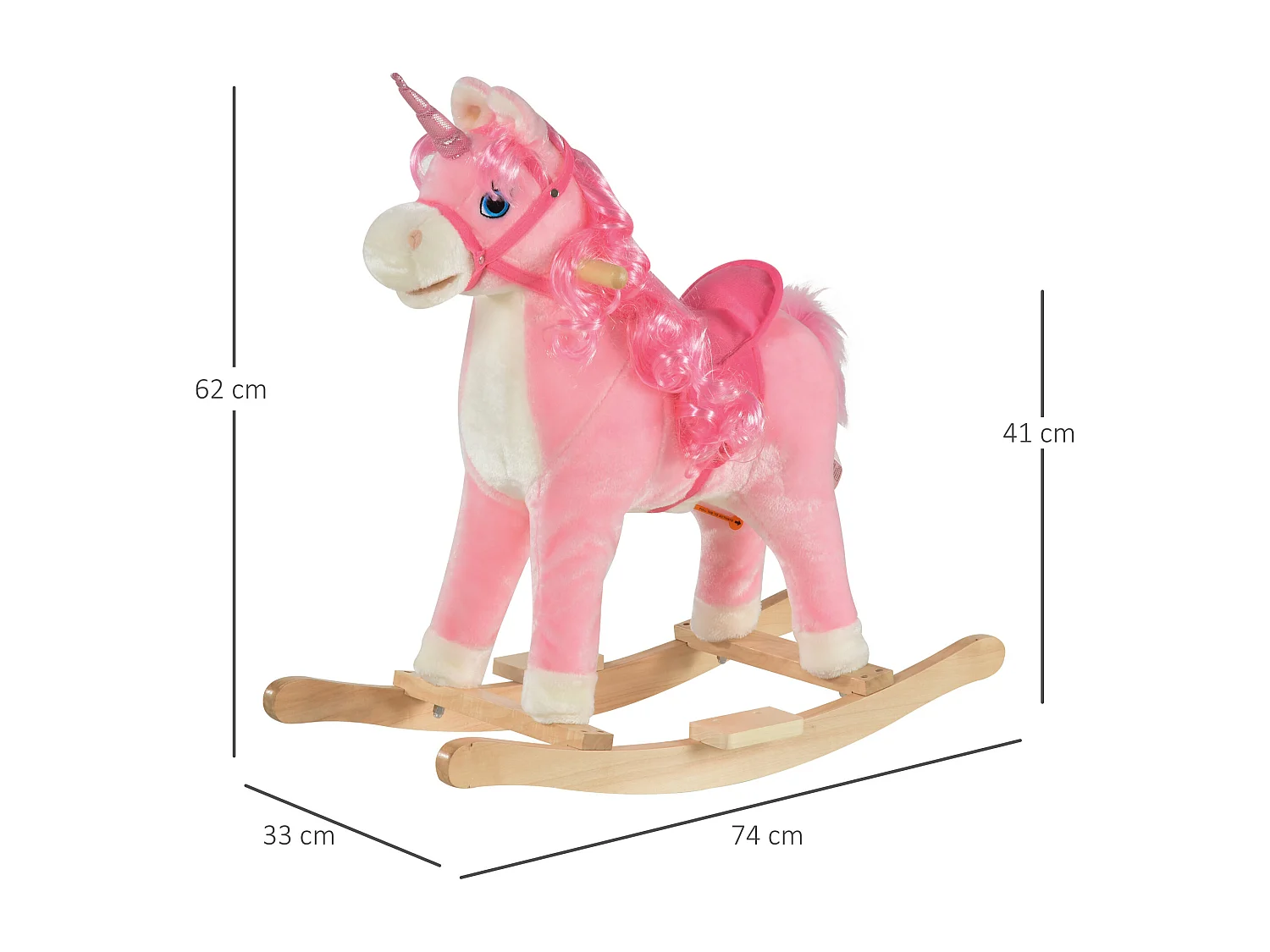 Cheval à bascule modèle licorne avec sons authentiques selle grand confort bois de peuplier rose dim. L74 x l33 x 62H cm