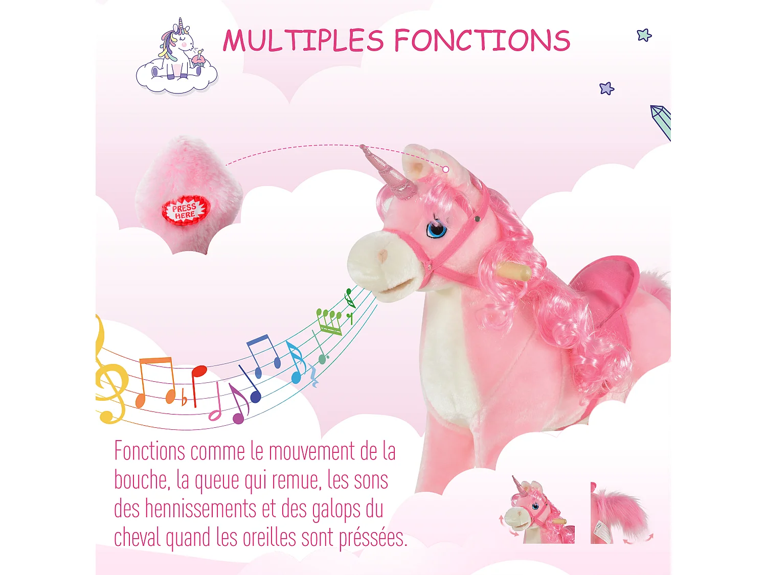 Cheval à bascule modèle licorne avec sons authentiques selle grand confort bois de peuplier rose dim. L74 x l33 x 62H cm