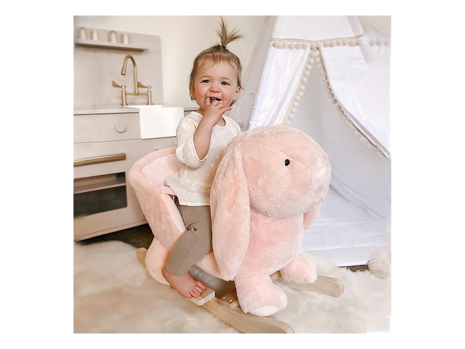 Cheval à bascule jouet à bascule lapin fauteuil intégré ceinture de sécurité fonction sonore clapissement rose