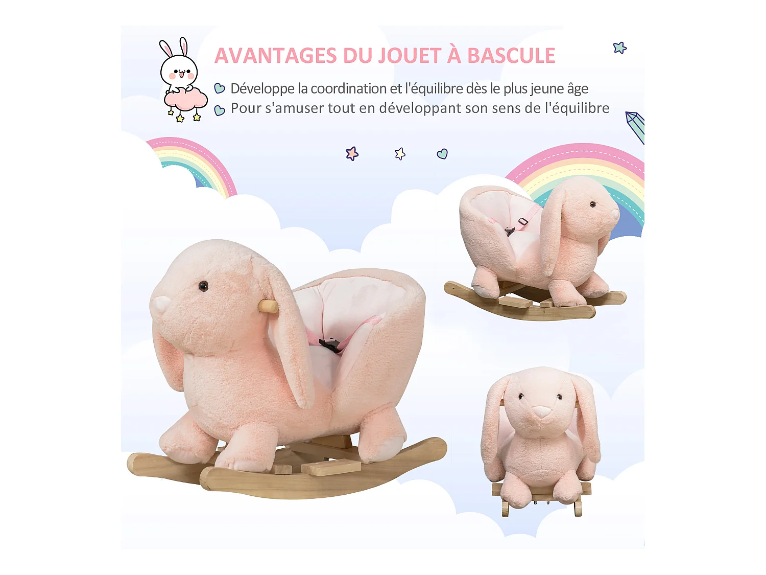 Cheval à bascule jouet à bascule lapin fauteuil intégré ceinture de sécurité fonction sonore clapissement rose