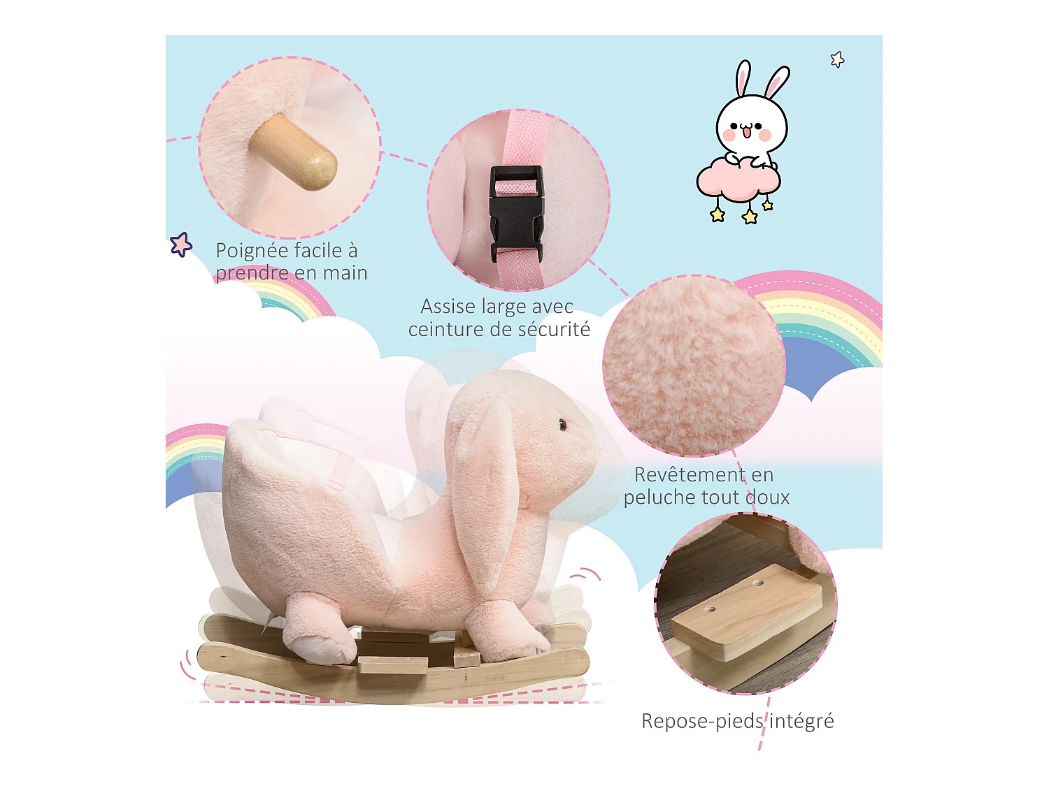 Cheval à bascule jouet à bascule lapin fauteuil intégré ceinture de sécurité fonction sonore clapissement rose
