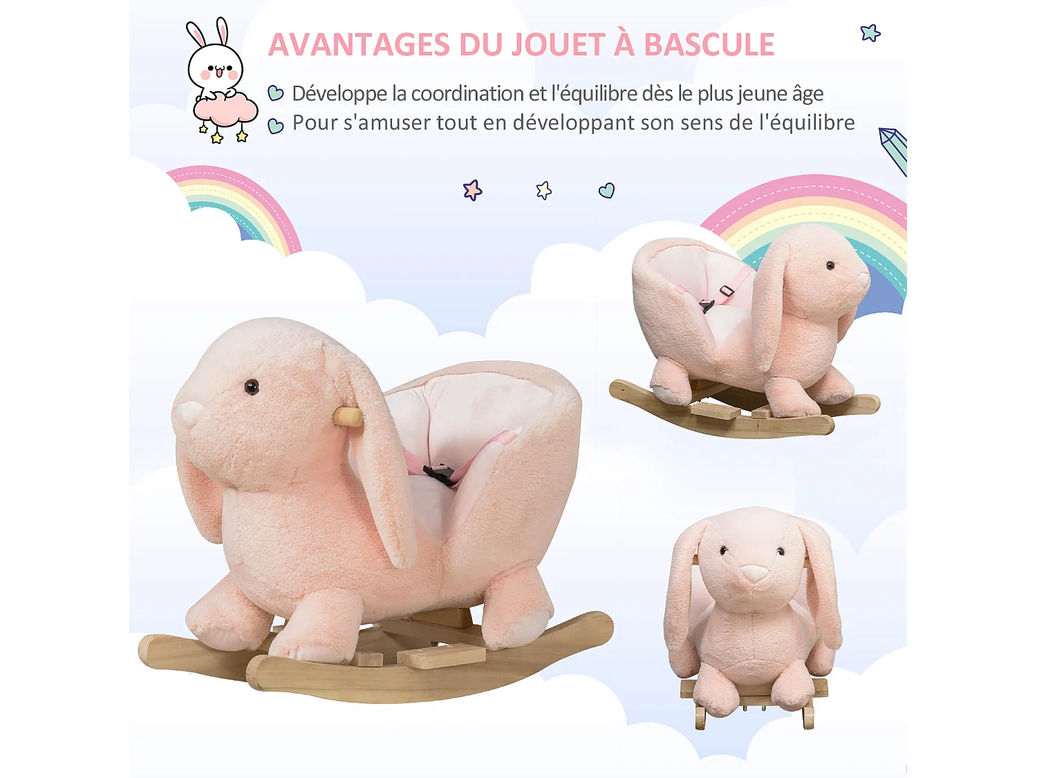 Cheval à bascule jouet à bascule lapin fauteuil intégré ceinture de sécurité fonction sonore clapissement rose
