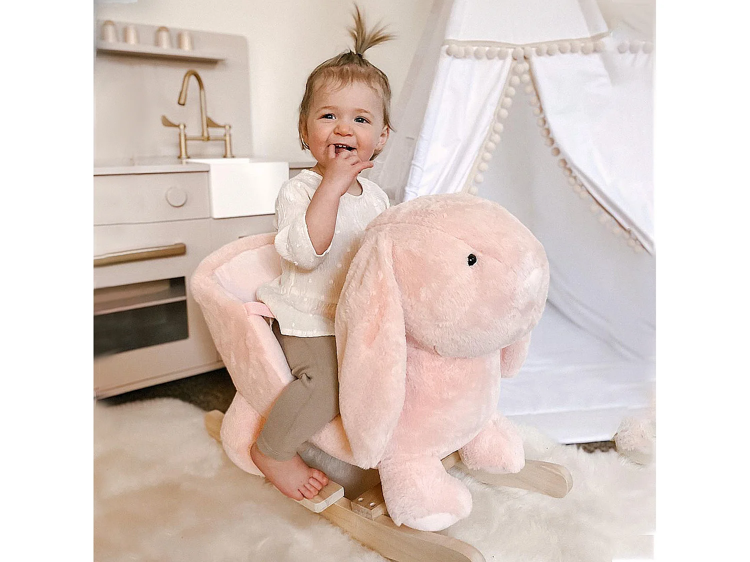 Cheval à bascule jouet à bascule lapin fauteuil intégré ceinture de sécurité fonction sonore clapissement rose