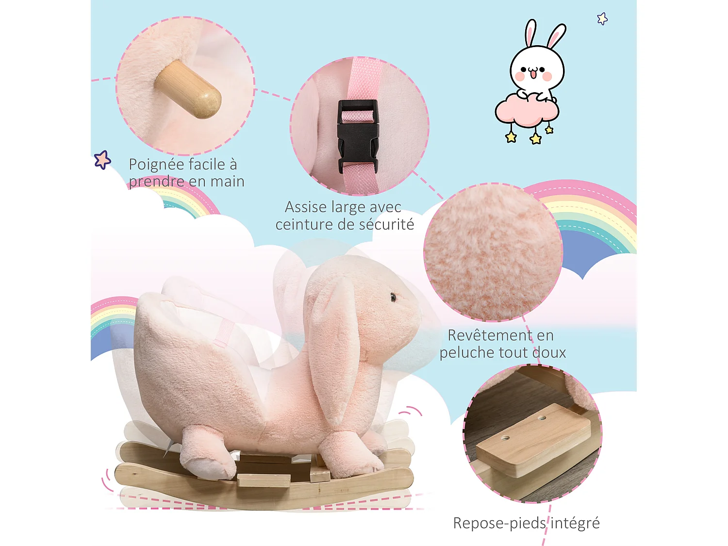 Cheval à bascule jouet à bascule lapin fauteuil intégré ceinture de sécurité fonction sonore clapissement rose