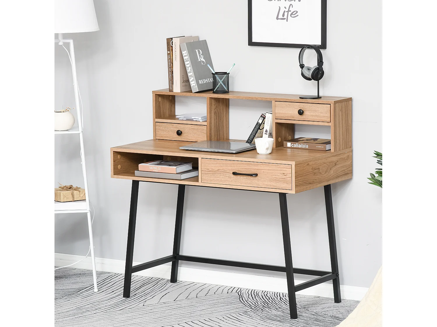 Bureau secrétaire style industriel dim. 105L x 55l x 100H cm 3 tiroirs + 3 niches piètement métal noir plateau imitation bois