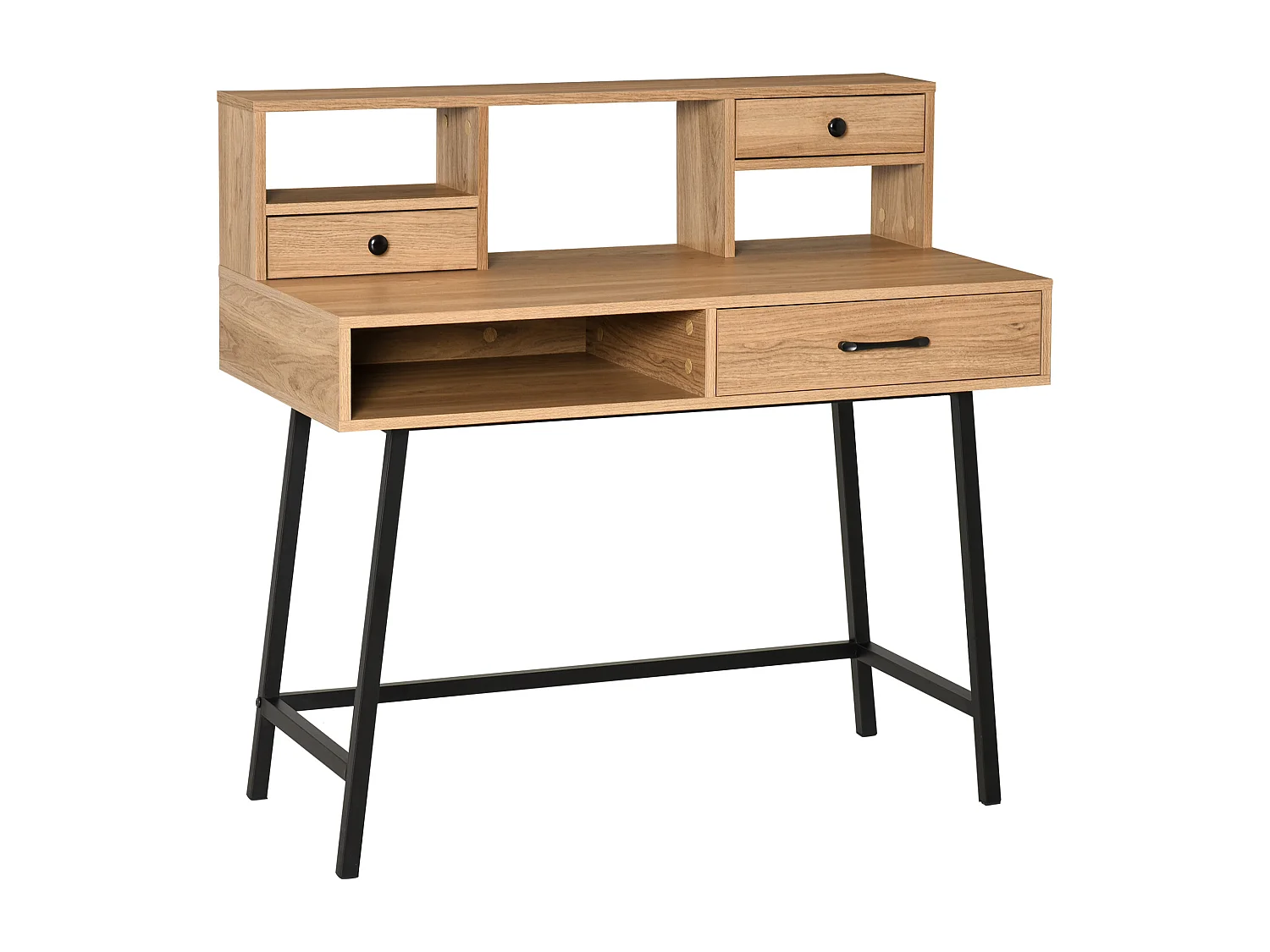 Bureau secrétaire style industriel dim. 105L x 55l x 100H cm 3 tiroirs + 3 niches piètement métal noir plateau imitation bois