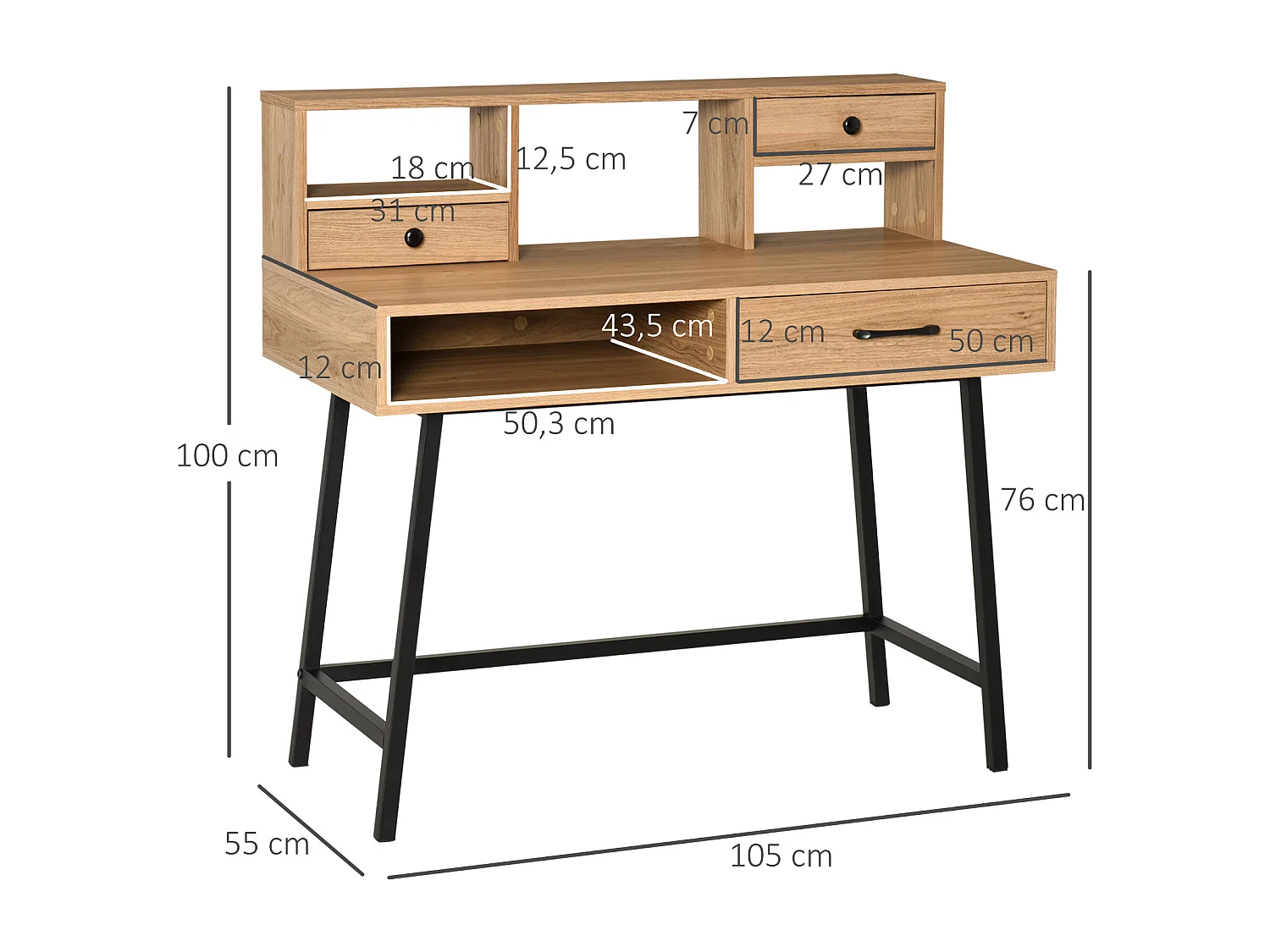 Bureau secrétaire style industriel dim. 105L x 55l x 100H cm 3 tiroirs + 3 niches piètement métal noir plateau imitation bois