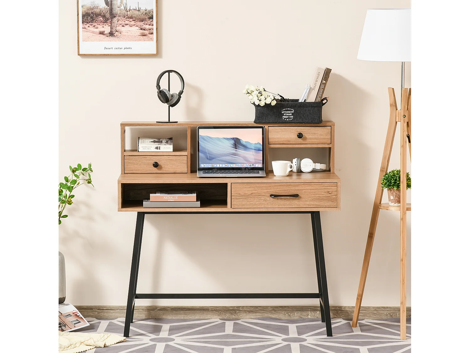 Bureau secrétaire style industriel dim. 105L x 55l x 100H cm 3 tiroirs + 3 niches piètement métal noir plateau imitation bois