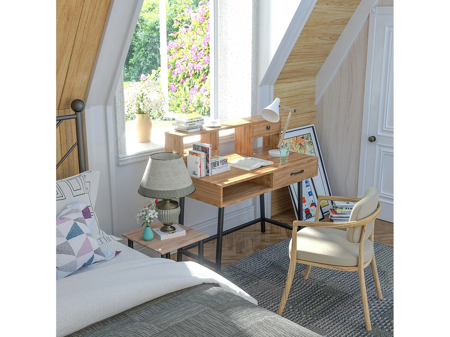 Bureau secrétaire style industriel dim. 105L x 55l x 100H cm 3 tiroirs + 3 niches piètement métal noir plateau imitation bois