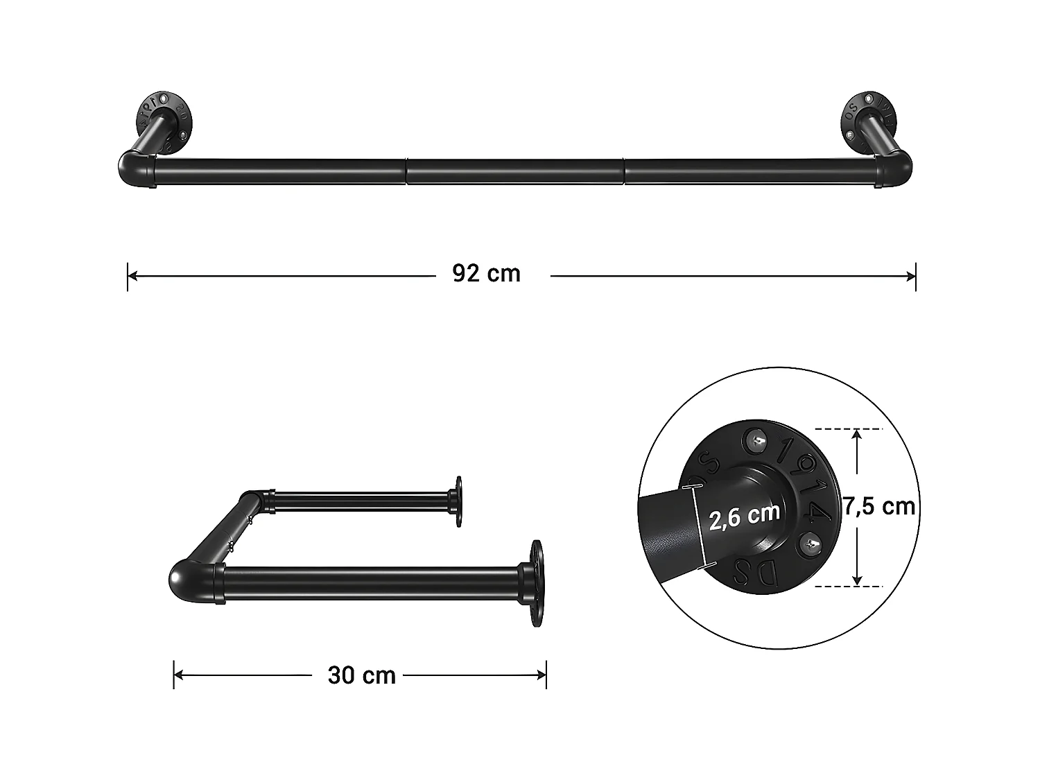 Set aus 2 schwarzen Wandhaken für Kleidung - L92 x T30 cm