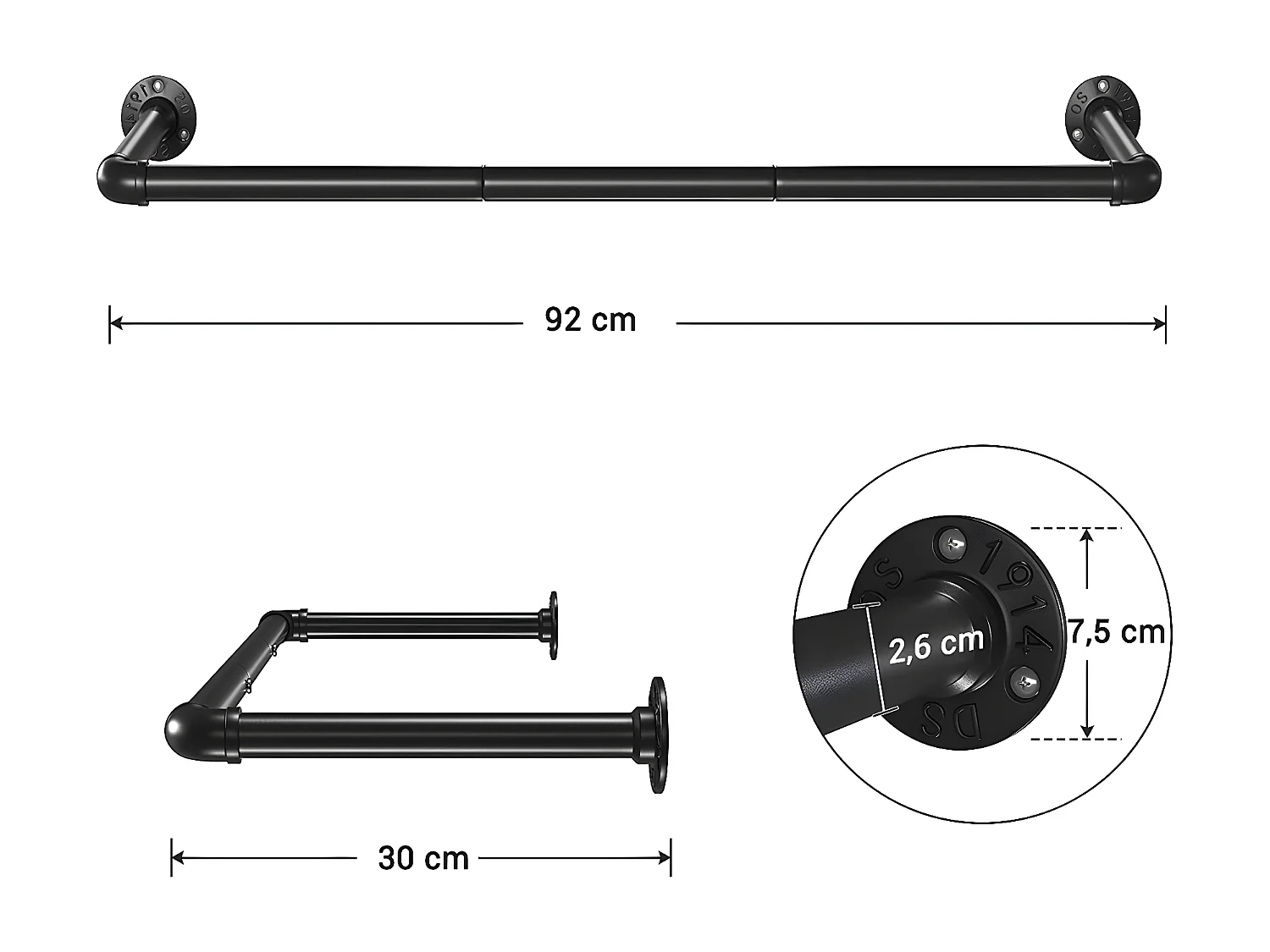 Ensemble de 2 patères murales noires pour vêtements - L92 x P30 cm