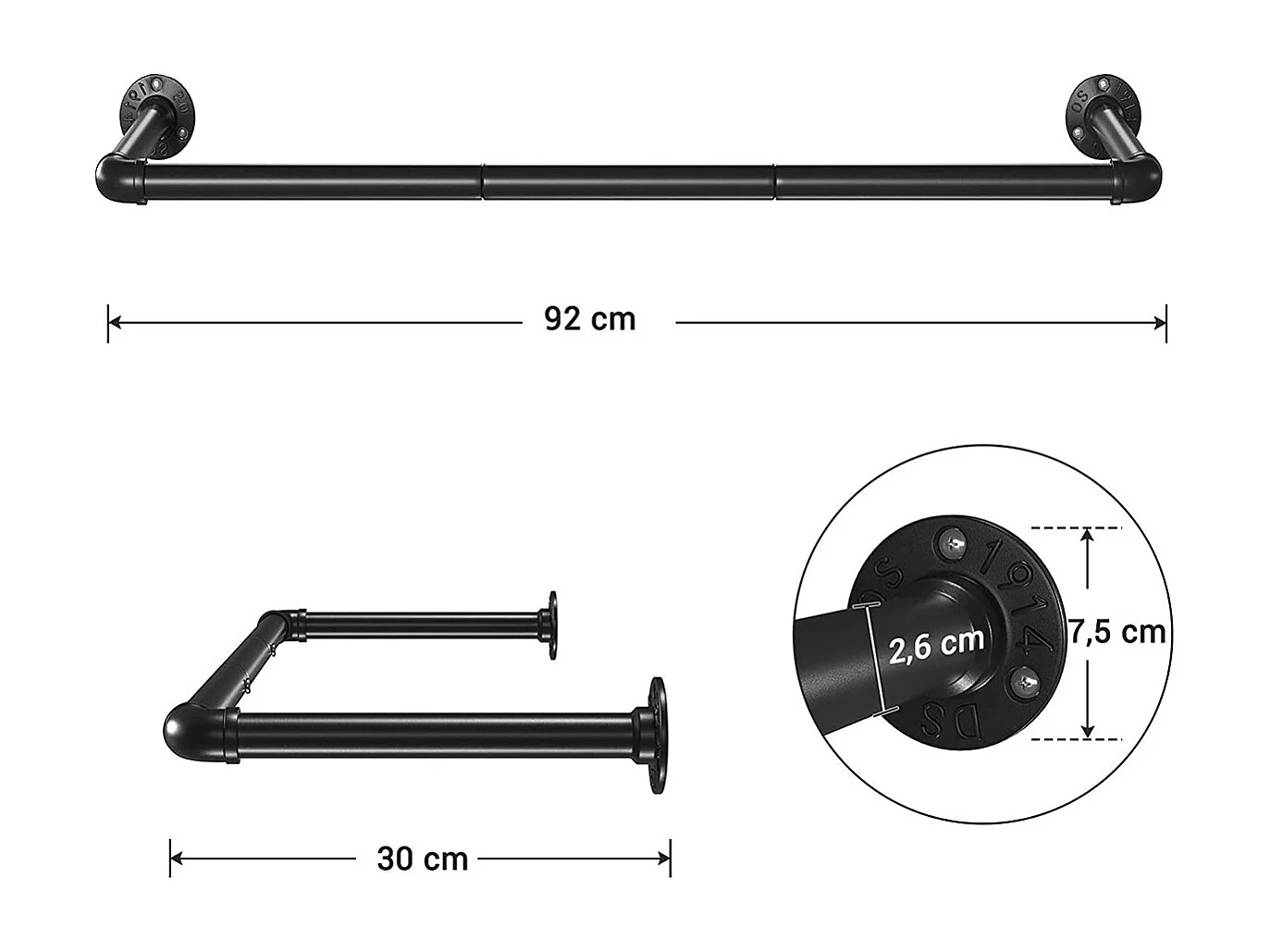 Ensemble de 2 patères murales noires pour vêtements - L92 x P30 cm