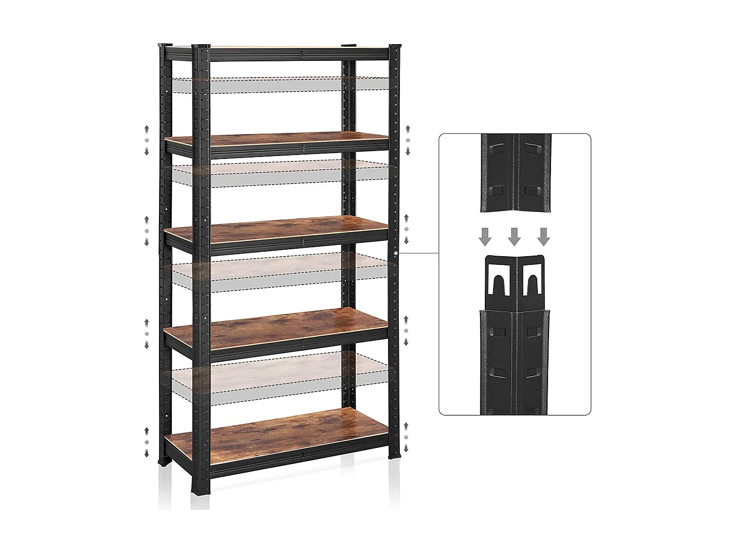 Estantería de almacenamiento industrial de metal negro con niveles ajustables - L75 x H150 cm