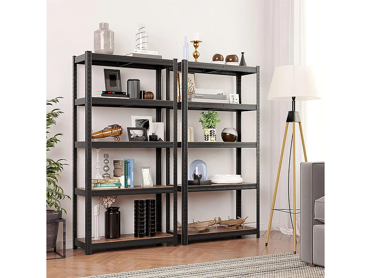 Estantería de almacenamiento industrial de metal negro con niveles ajustables - L75 x H150 cm