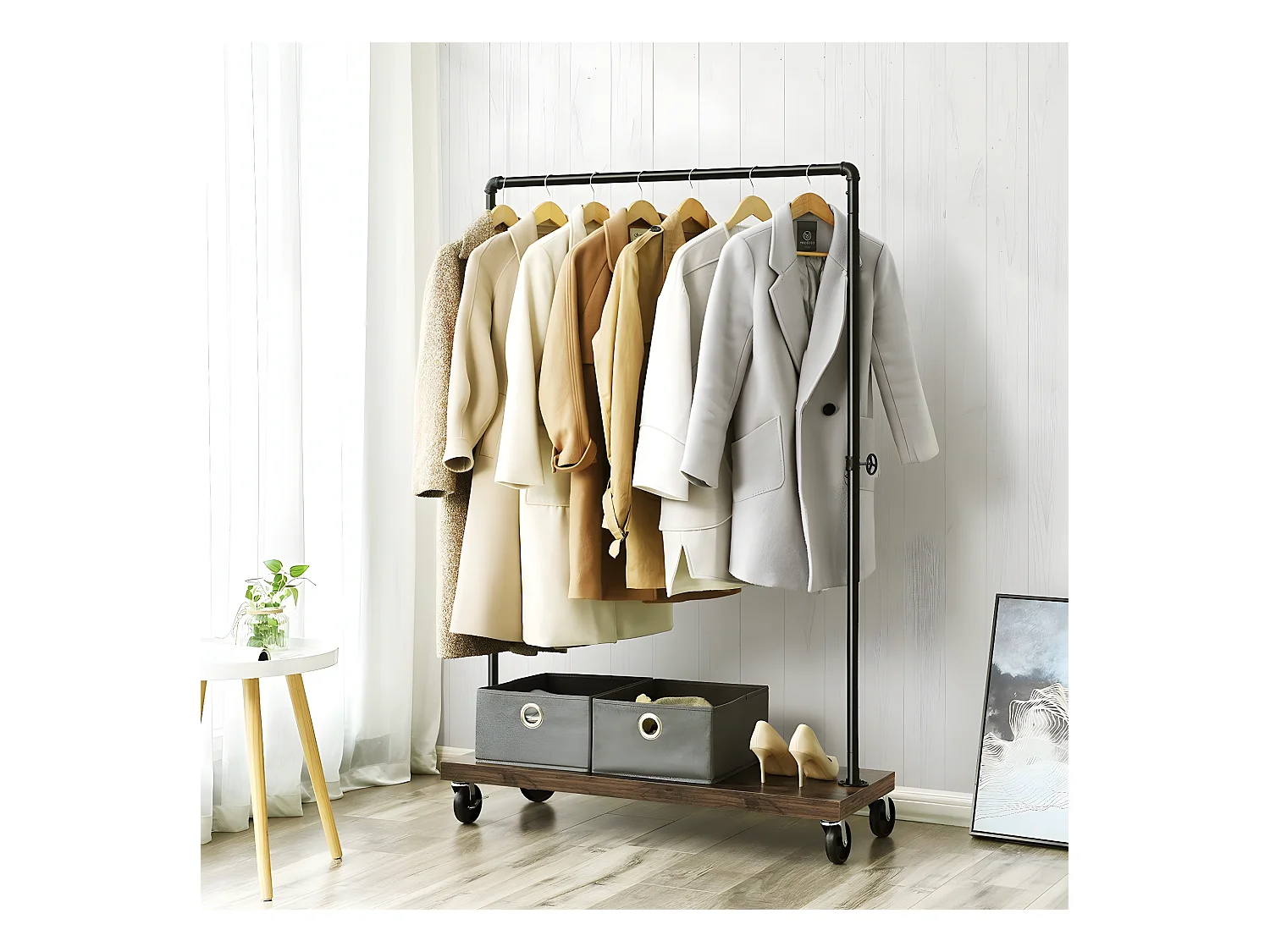 Porte-vêtements sur roues avec tuyaux industriels en métal noir - H162 cm