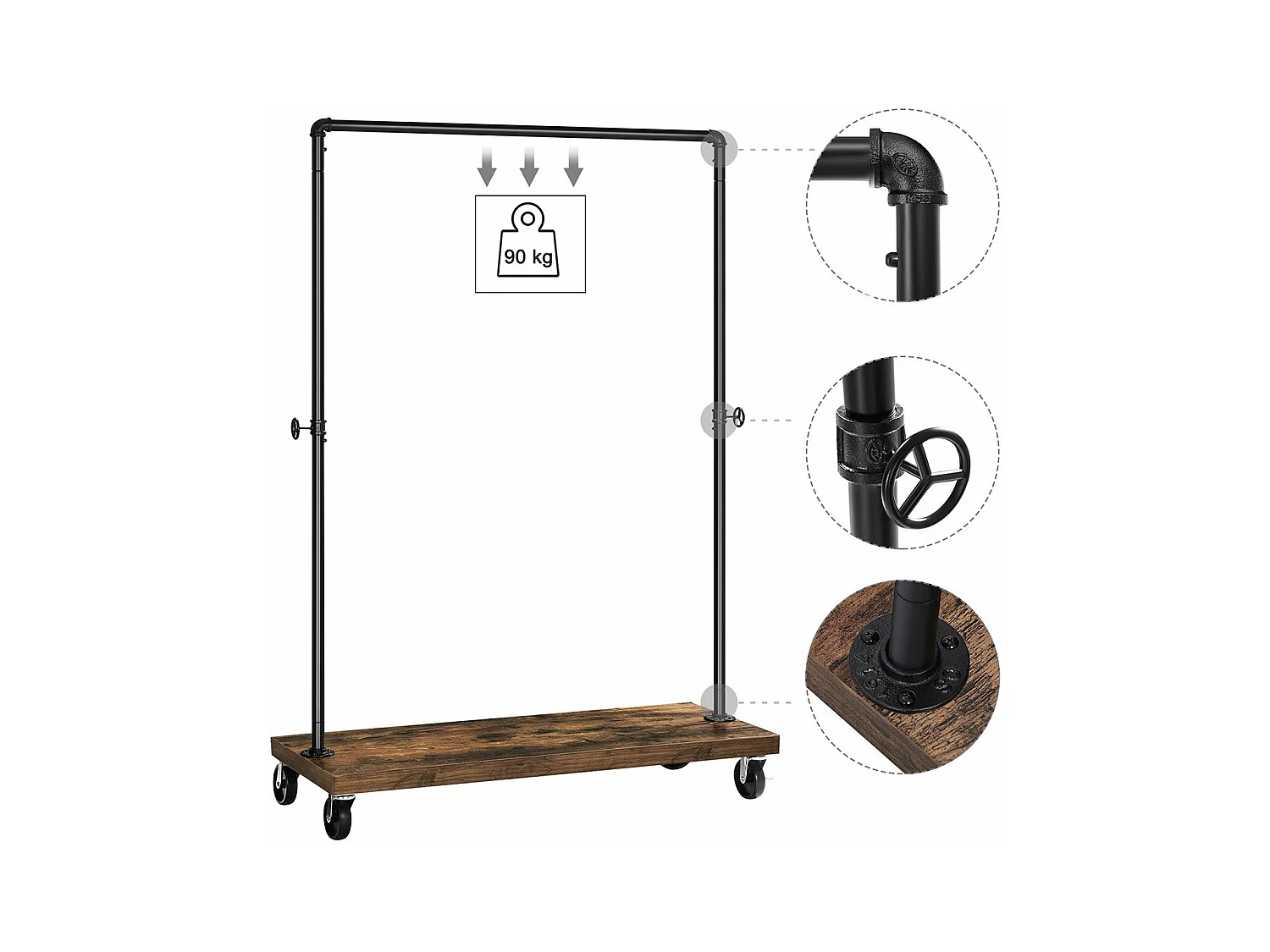 Porte-vêtements sur roues avec tuyaux industriels en métal noir - H162 cm