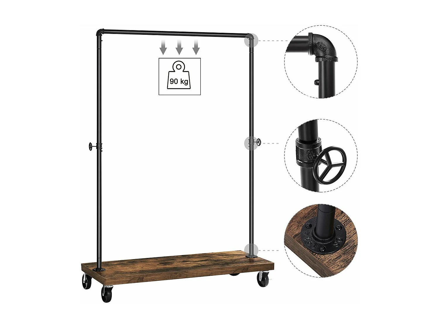 Kleiderständer auf Rädern mit Rohren aus schwarzem Metall - H162 cm