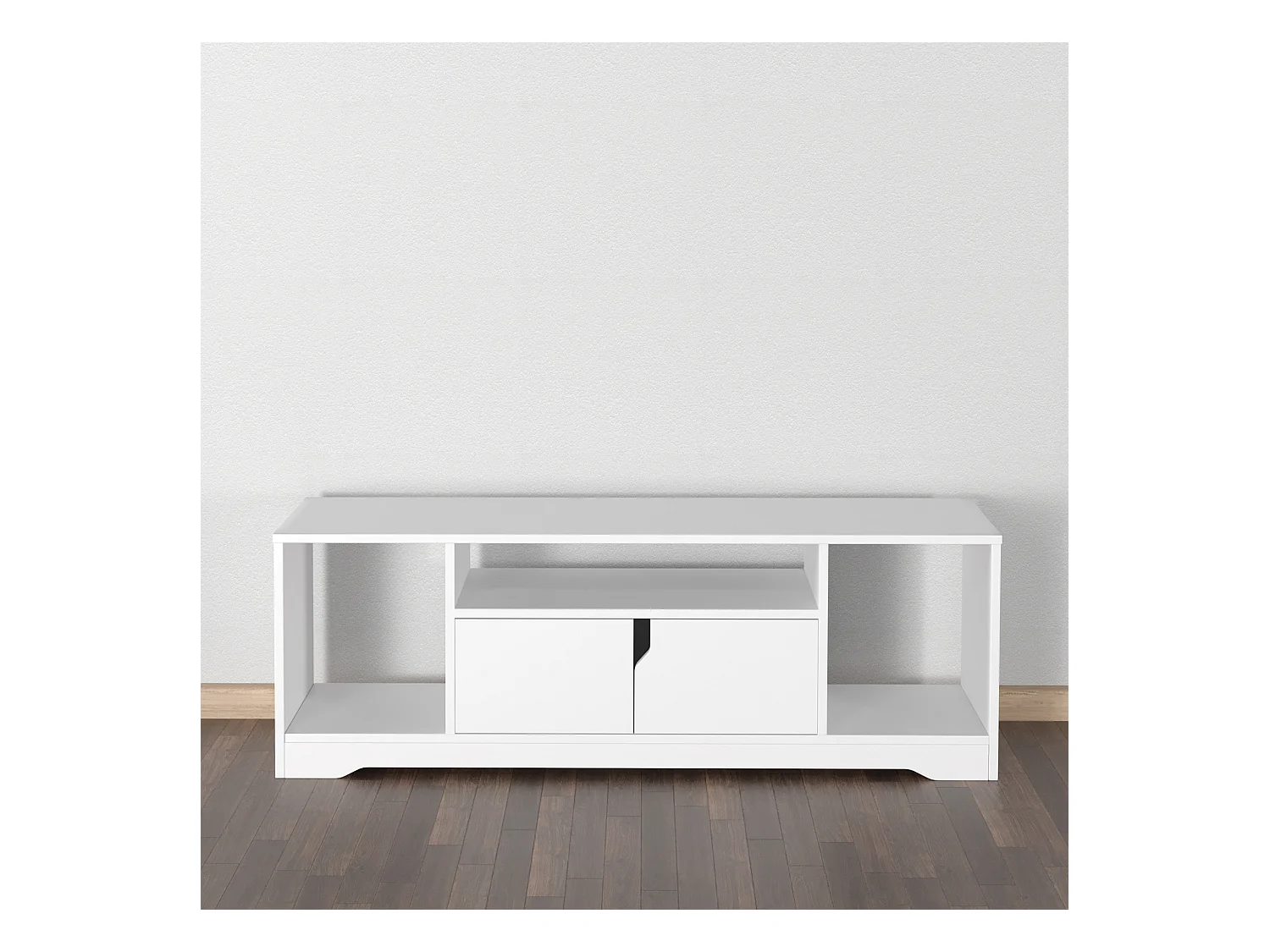 Meuble TV banc TV design contemporain - 3 niches, placard double porte - dim. 120L x 30l x 41H cm - panneaux particules blanc