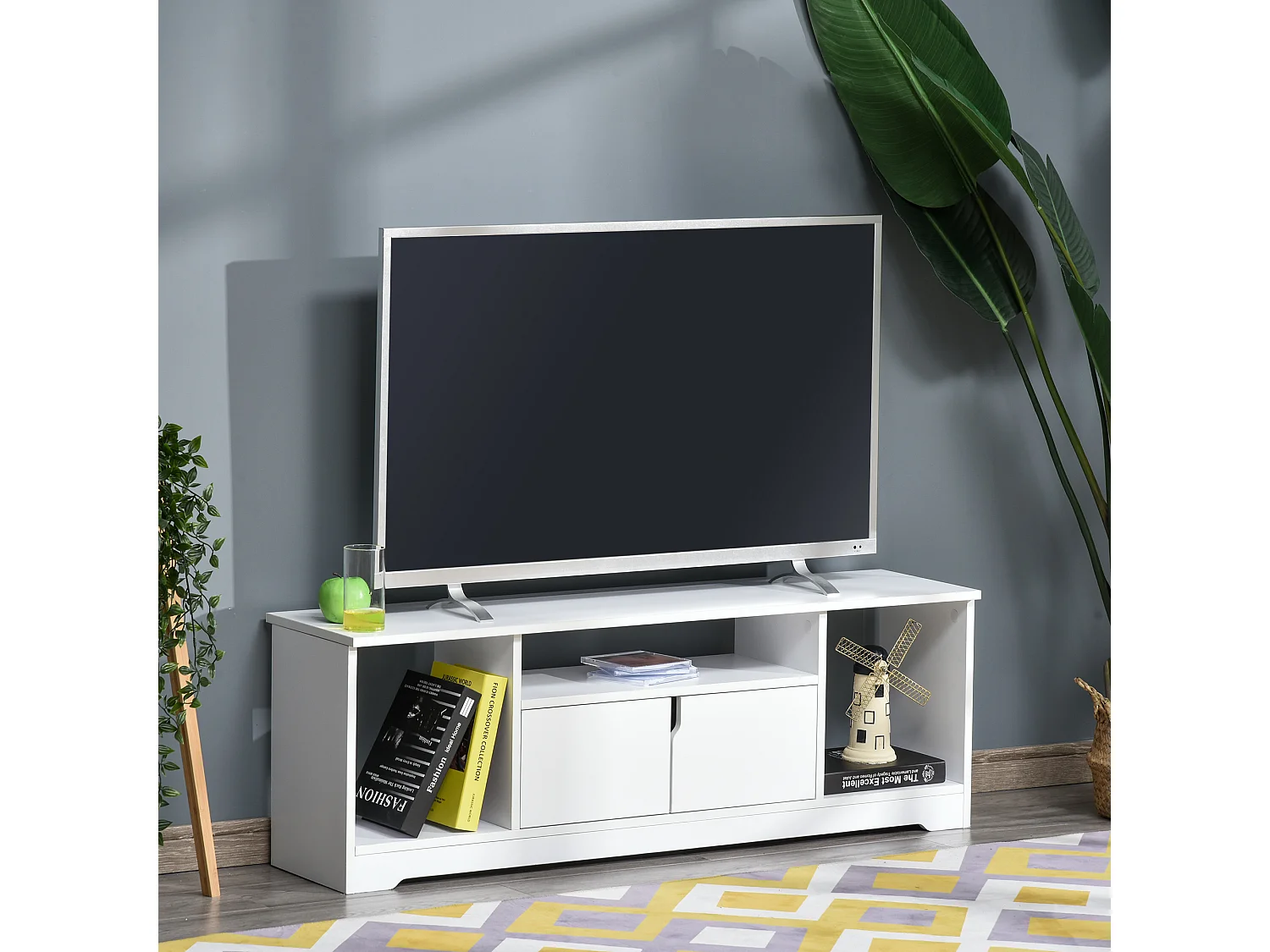 Meuble TV banc TV design contemporain - 3 niches, placard double porte - dim. 120L x 30l x 41H cm - panneaux particules blanc