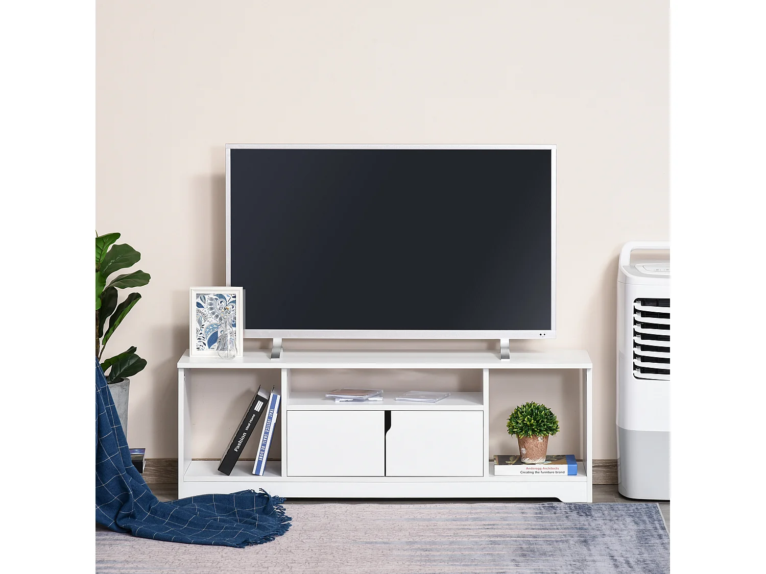 Meuble TV banc TV design contemporain - 3 niches, placard double porte - dim. 120L x 30l x 41H cm - panneaux particules blanc