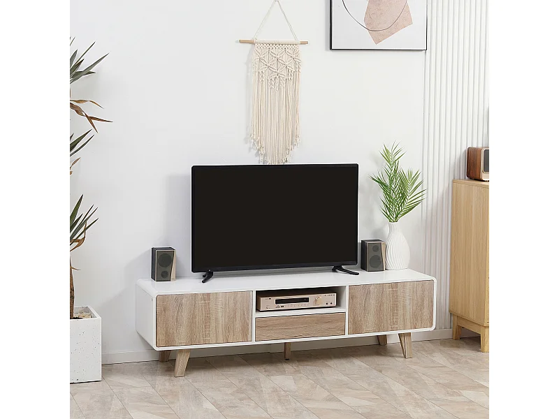 Meuble TV bas sur pied style scandinave 2 portes niche tiroir MDF blanc aspect chêne clair