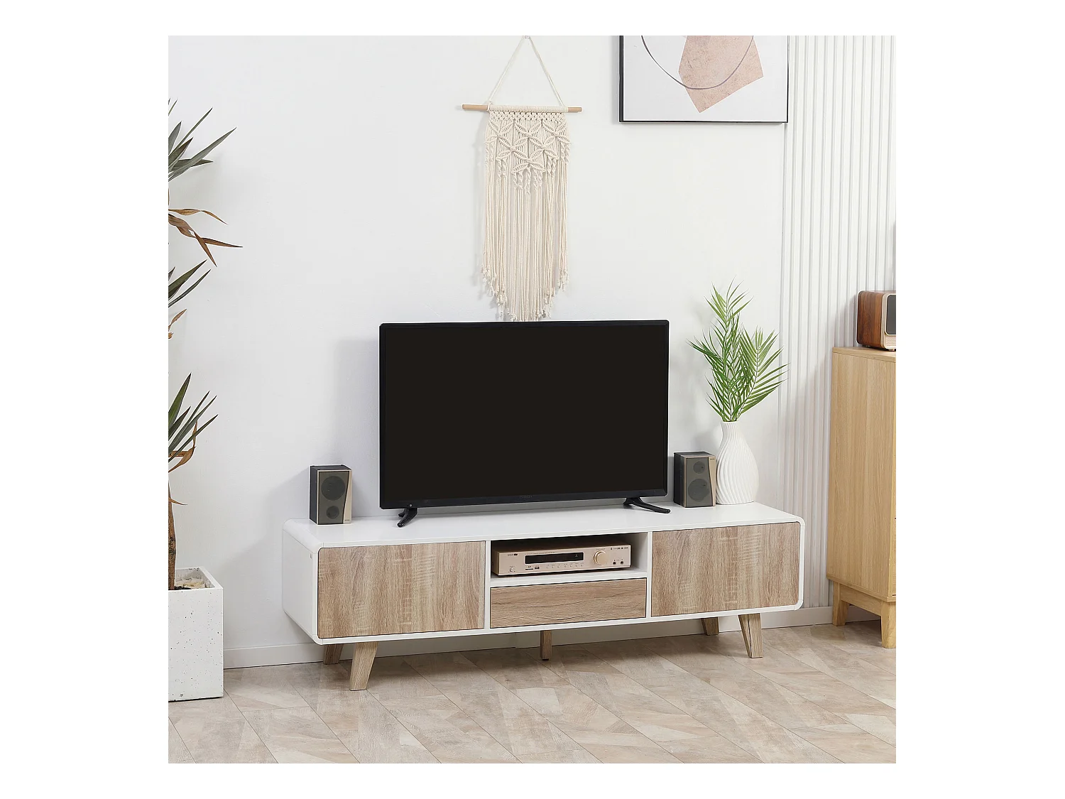 Meuble TV bas sur pied style scandinave 2 portes niche tiroir MDF blanc aspect chêne clair