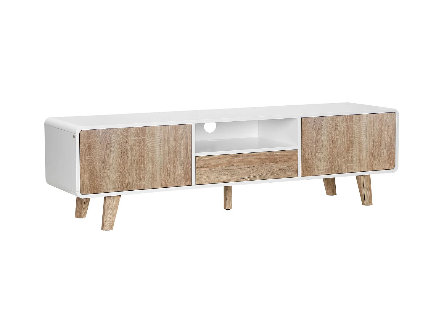 Meuble TV bas sur pied style scandinave 2 portes niche tiroir MDF blanc aspect chêne clair