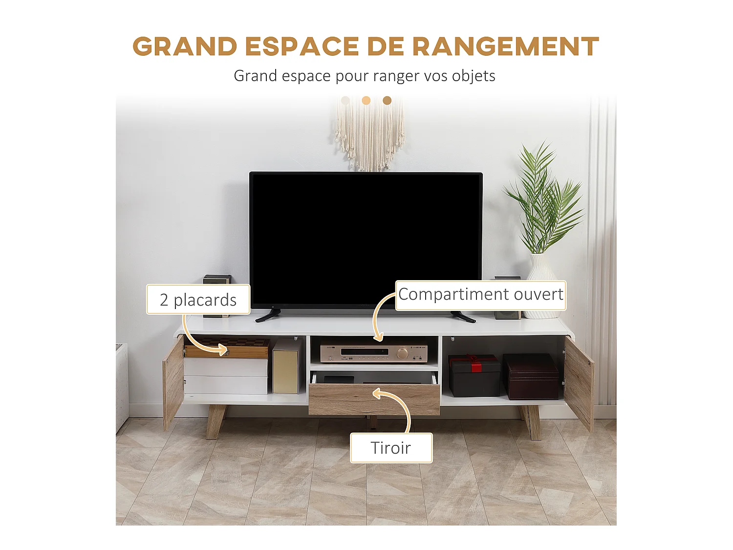 Meuble TV bas sur pied style scandinave 2 portes niche tiroir MDF blanc aspect chêne clair