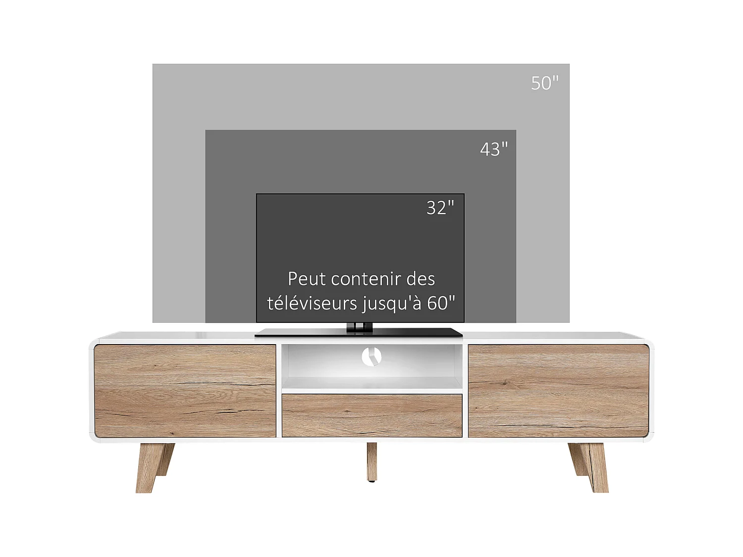 Meuble TV bas sur pied style scandinave 2 portes niche tiroir MDF blanc aspect chêne clair