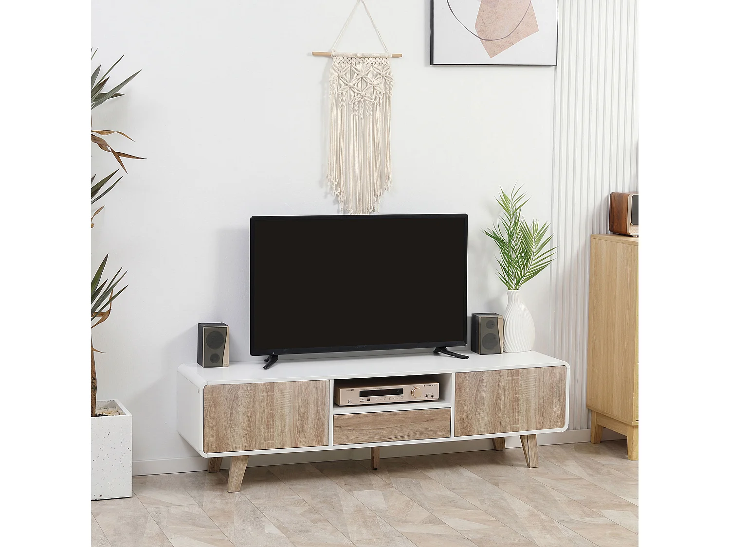Meuble TV bas sur pied style scandinave 2 portes niche tiroir MDF blanc aspect chêne clair