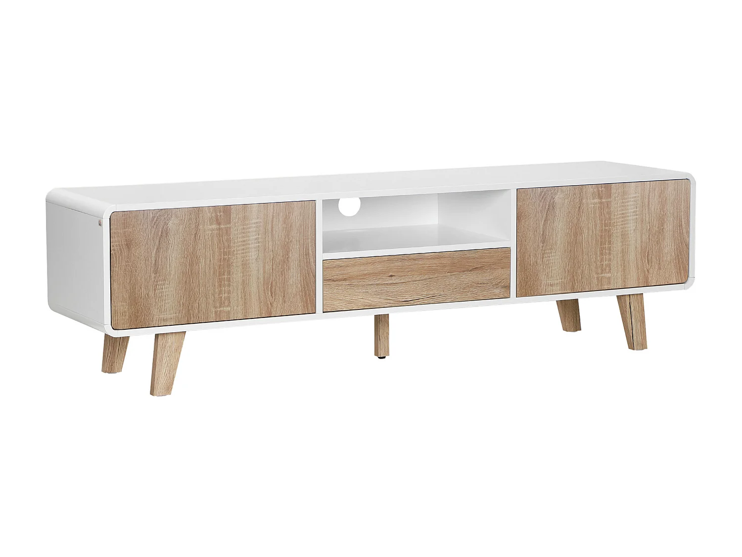 Meuble TV bas sur pied style scandinave 2 portes niche tiroir MDF blanc aspect chêne clair