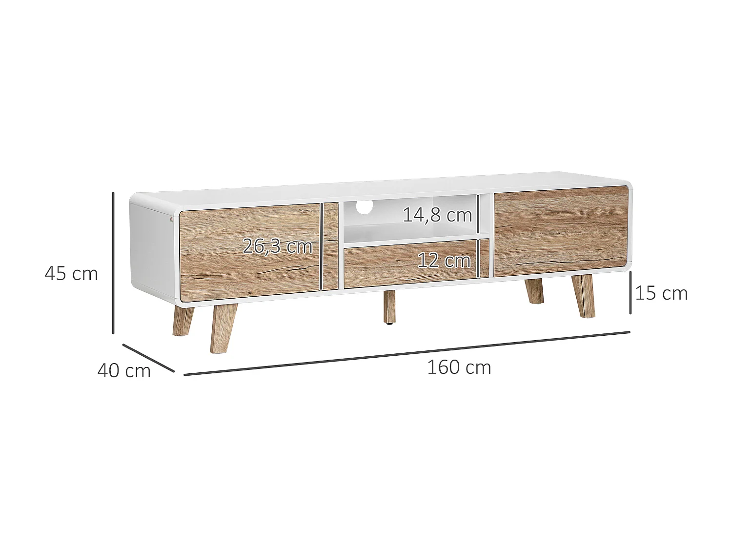 Meuble TV bas sur pied style scandinave 2 portes niche tiroir MDF blanc aspect chêne clair