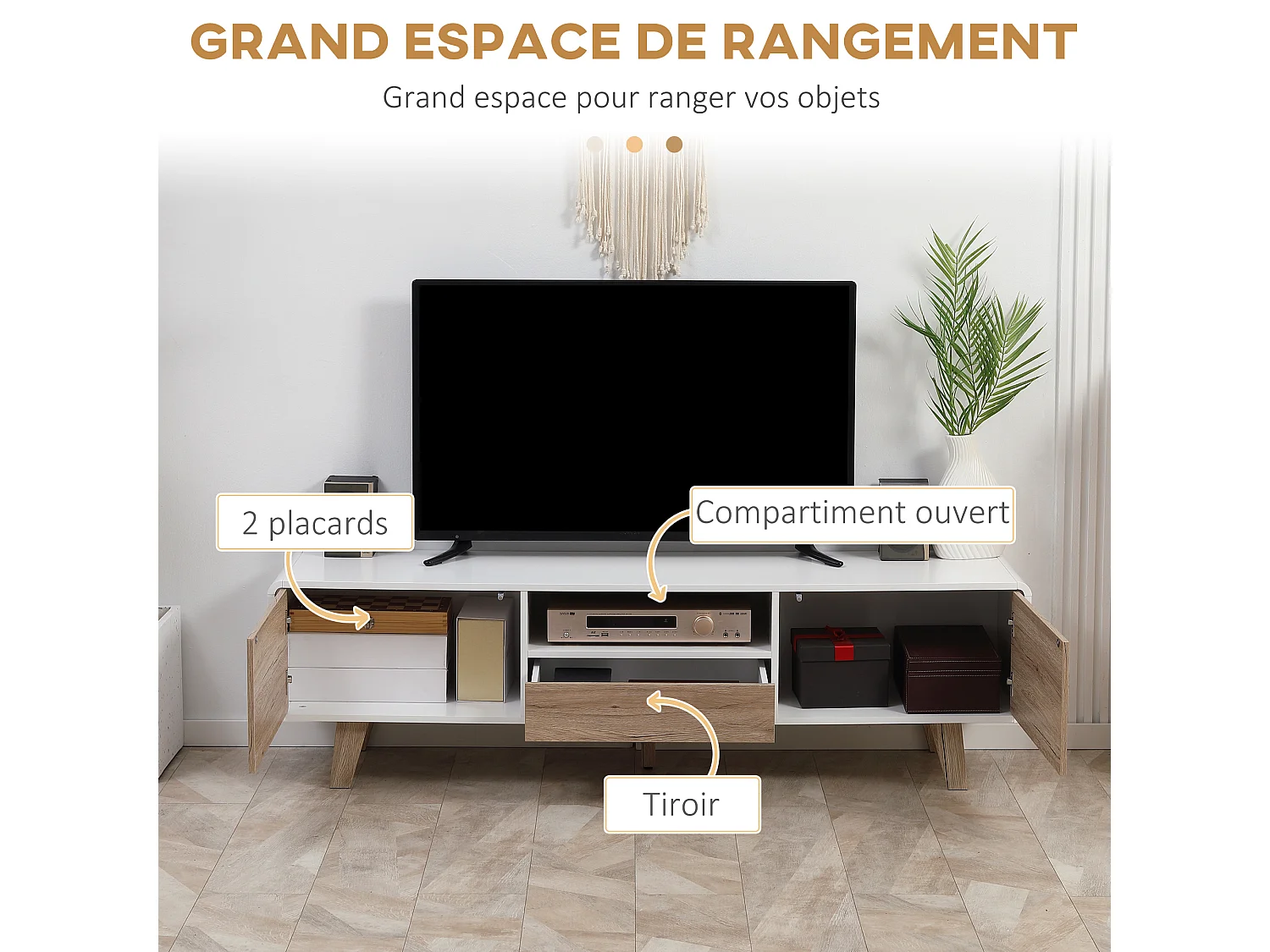 Meuble TV bas sur pied style scandinave 2 portes niche tiroir MDF blanc aspect chêne clair
