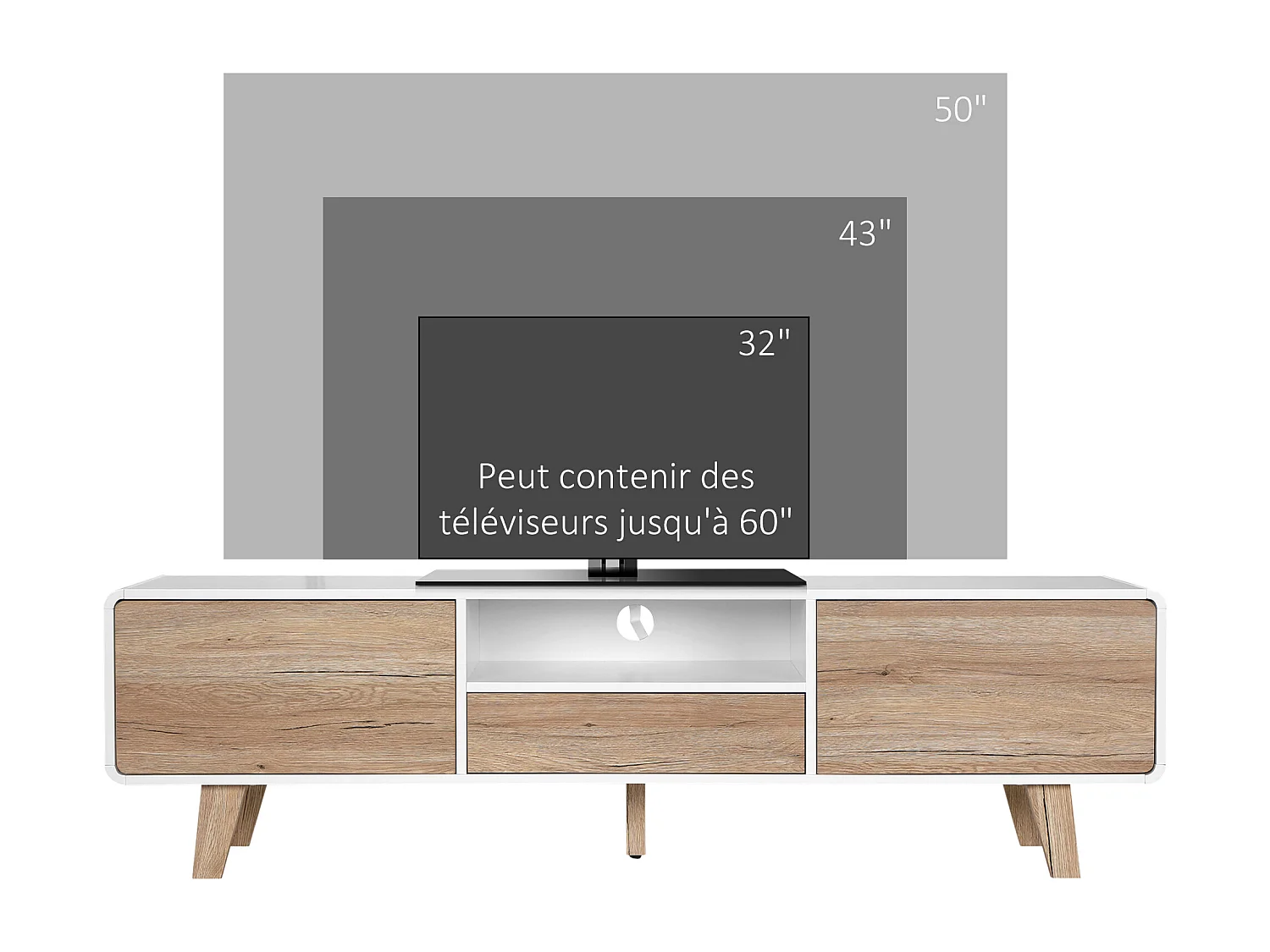 Meuble TV bas sur pied style scandinave 2 portes niche tiroir MDF blanc aspect chêne clair