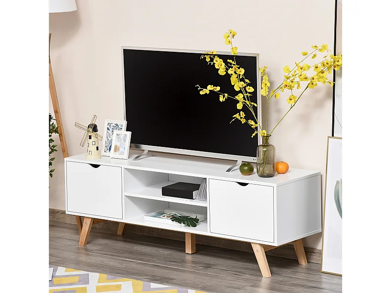 Meuble TV bas sur pied style scandinave 2 portes 2 niches passe-fils panneaux particules MDF blanc bois massif hévéa