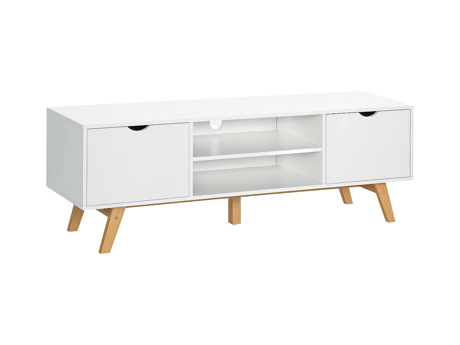 Meuble TV bas sur pied style scandinave 2 portes 2 niches passe-fils panneaux particules MDF blanc bois massif hévéa