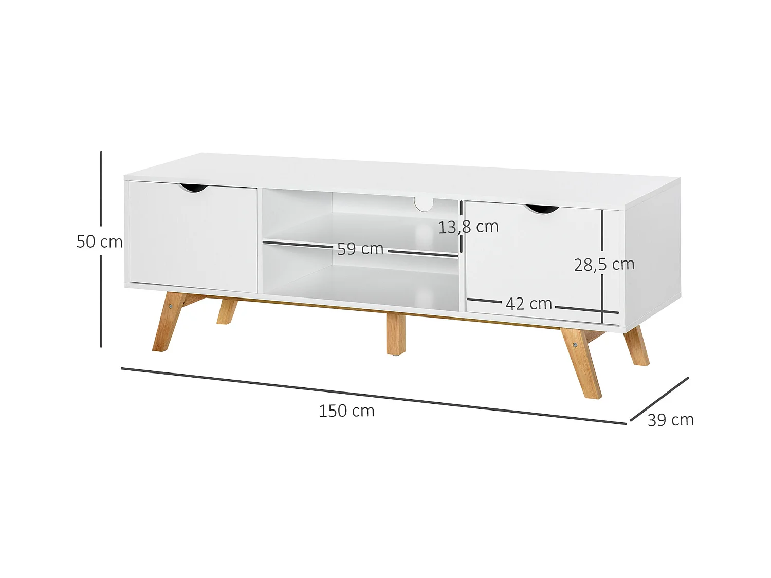 Meuble TV bas sur pied style scandinave 2 portes 2 niches passe-fils panneaux particules MDF blanc bois massif hévéa