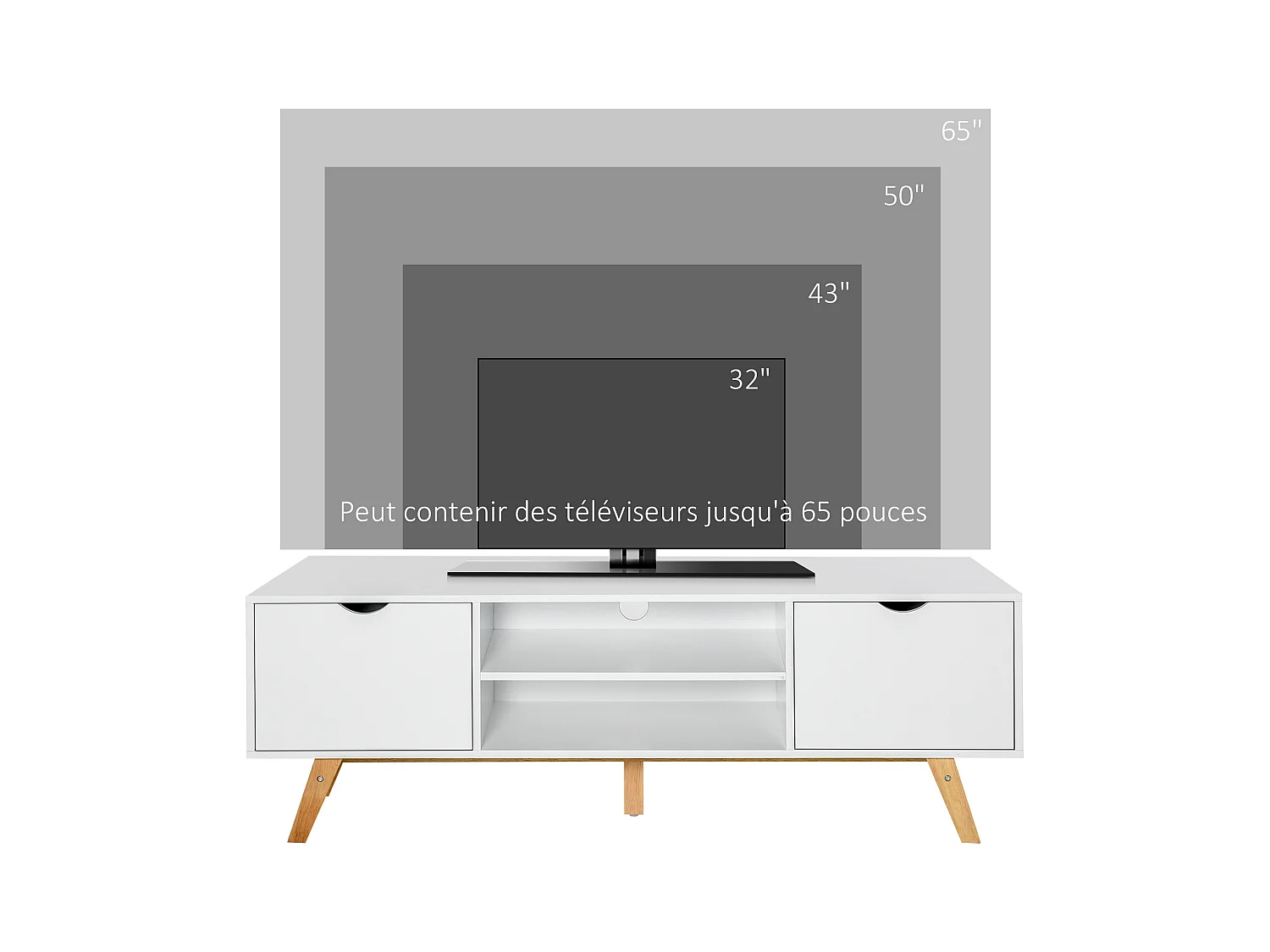 Meuble TV bas sur pied style scandinave 2 portes 2 niches passe-fils panneaux particules MDF blanc bois massif hévéa