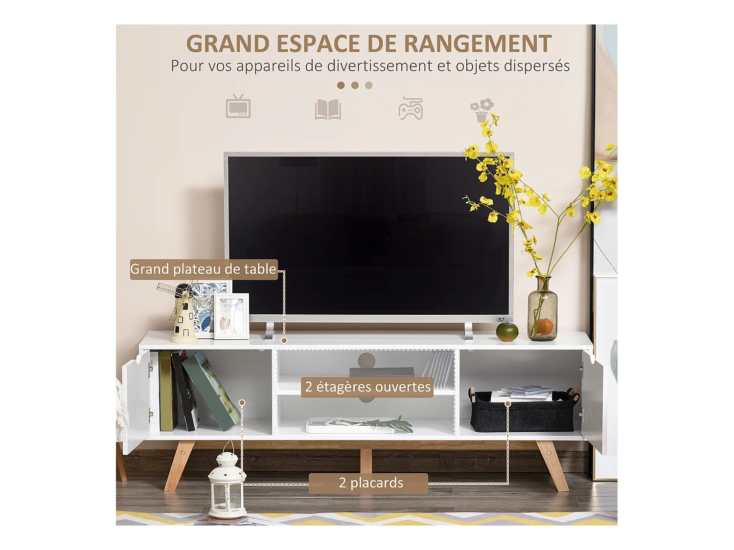 Meuble TV bas sur pied style scandinave 2 portes 2 niches passe-fils panneaux particules MDF blanc bois massif hévéa