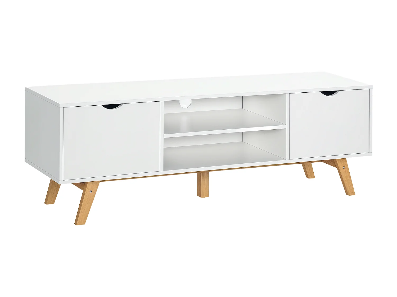 Meuble TV bas sur pied style scandinave 2 portes 2 niches passe-fils panneaux particules MDF blanc bois massif hévéa