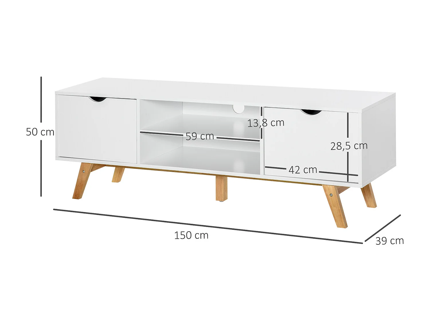 Meuble TV bas sur pied style scandinave 2 portes 2 niches passe-fils panneaux particules MDF blanc bois massif hévéa