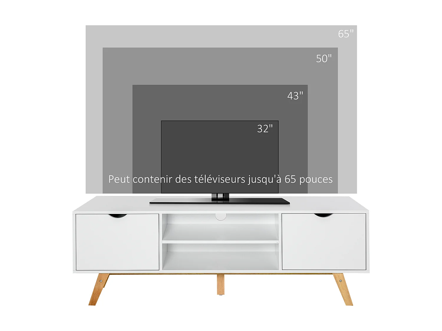Meuble TV bas sur pied style scandinave 2 portes 2 niches passe-fils panneaux particules MDF blanc bois massif hévéa