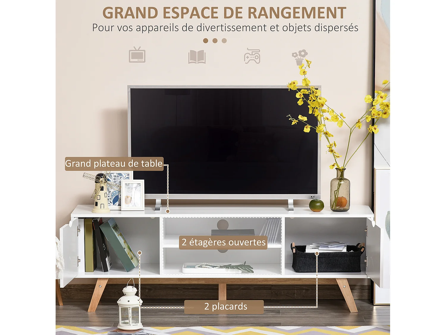 Meuble TV bas sur pied style scandinave 2 portes 2 niches passe-fils panneaux particules MDF blanc bois massif hévéa