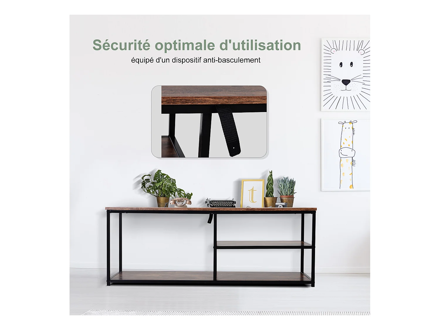 Meuble TV design industriel dim. 120L x 40l x 45H cm grand plateau 2 étagères panneaux particules coloris boisé métal noir