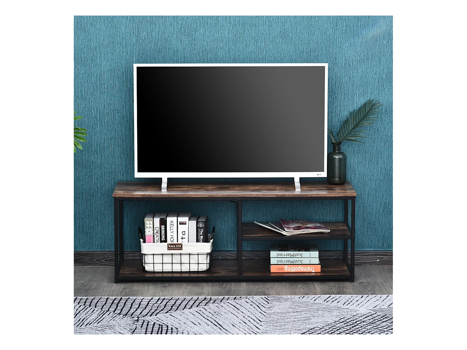 Meuble TV design industriel dim. 120L x 40l x 45H cm grand plateau 2 étagères panneaux particules coloris boisé métal noir